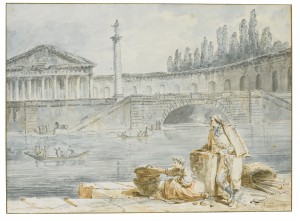 A man smoking a pipe and a woman with baskets looking out at rowing boats